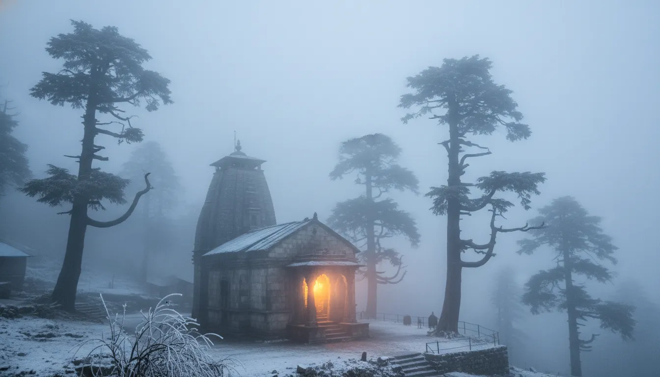 Mystical morning fog surrounding the Tarkeshwar Mahadev temple in the mountains.