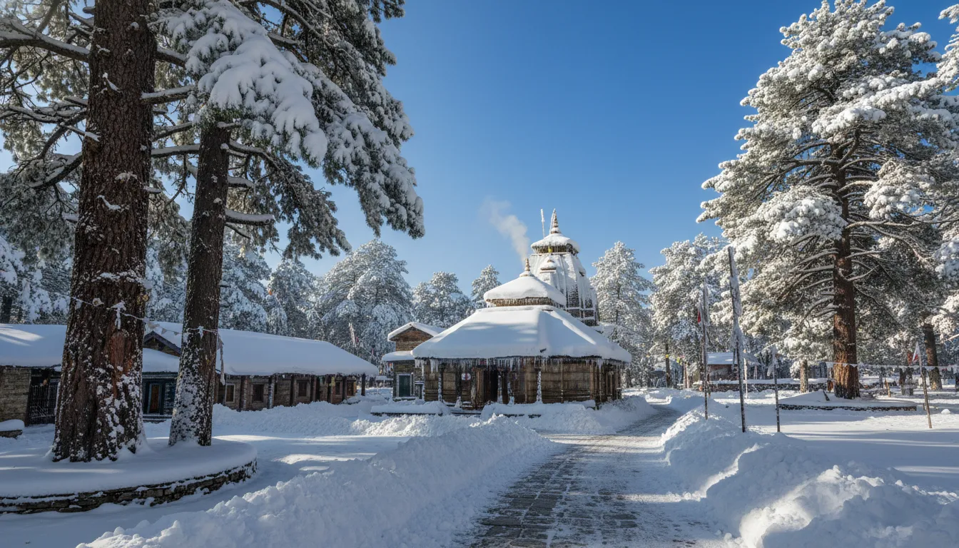 Tarkeshwar Mahadev temple and surrounding pine trees covered in a thick blanket of white winter snow.