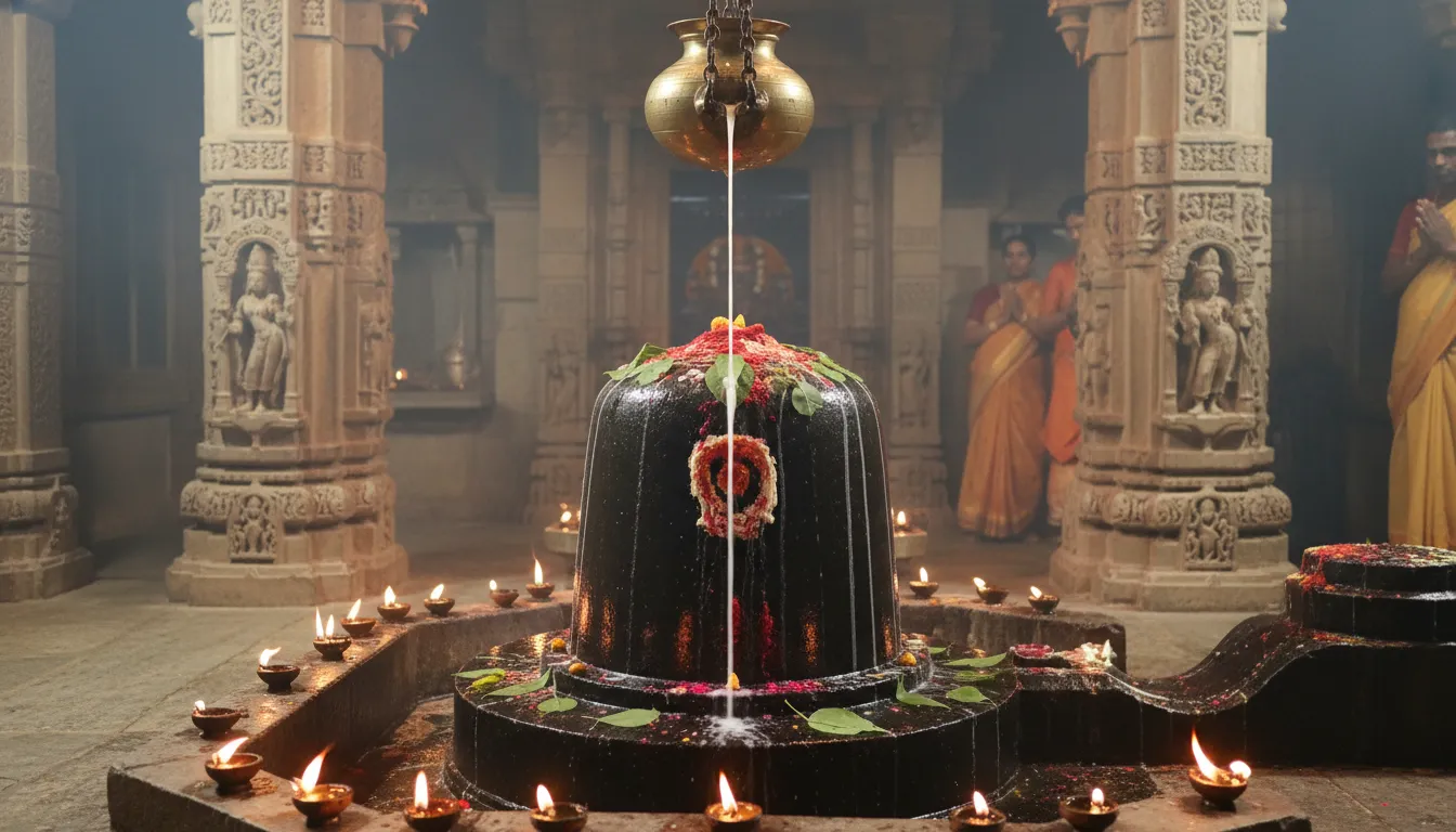 A traditional temple Mahadev Pind during a sacred water and milk Abhishek ritual.