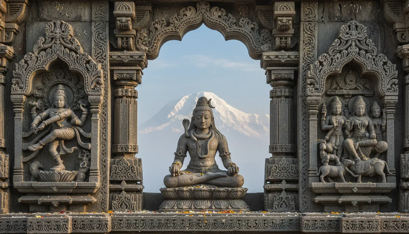 Temple stone carvings of Lord Shiva with Mount Kailash background