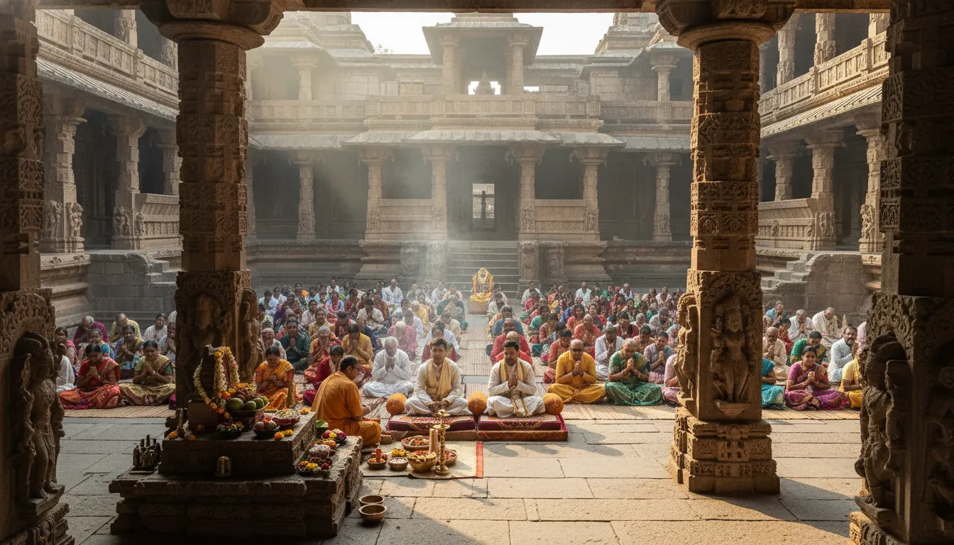 A large group of devotees gathered in an ancient temple courtyard for a sacred ceremony gathering scene.