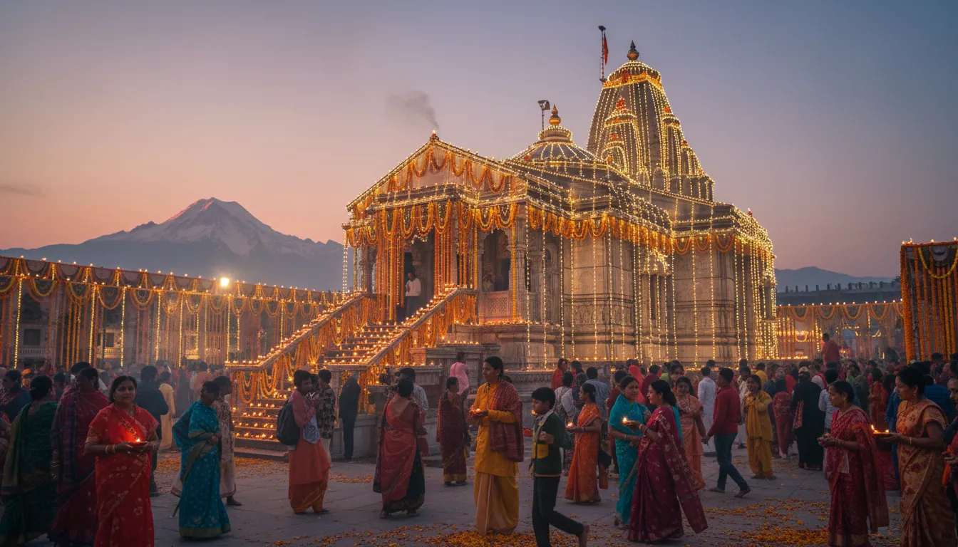 Temple festival lights with Mount Kailash glowing at sunset evening scene