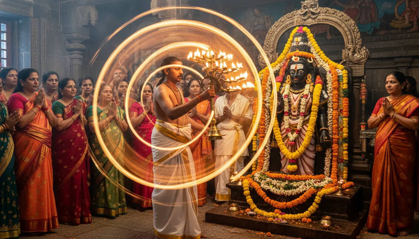 Temple priest performing aarti to Shiva Parvati with fire lamp ritual