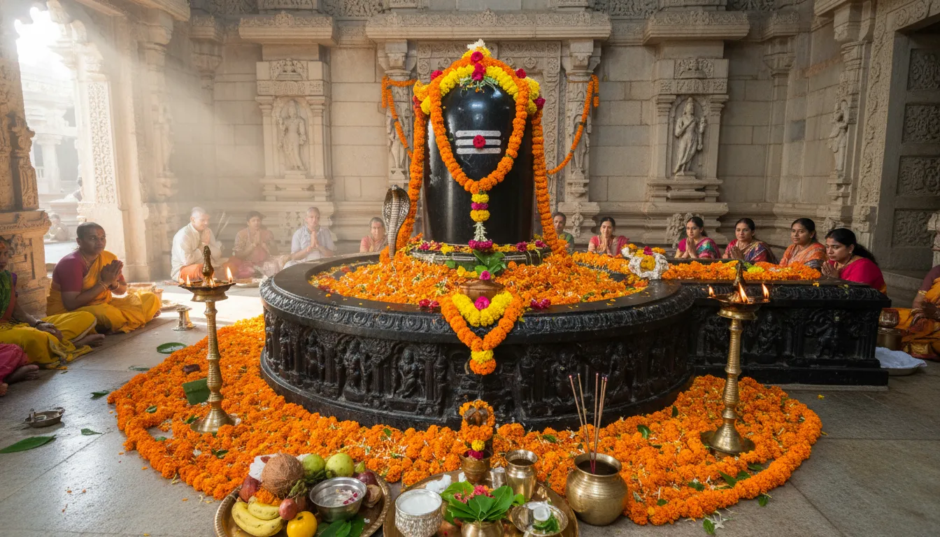 Shiva Lingam inside temple surrounded by marigold flowers and offerings