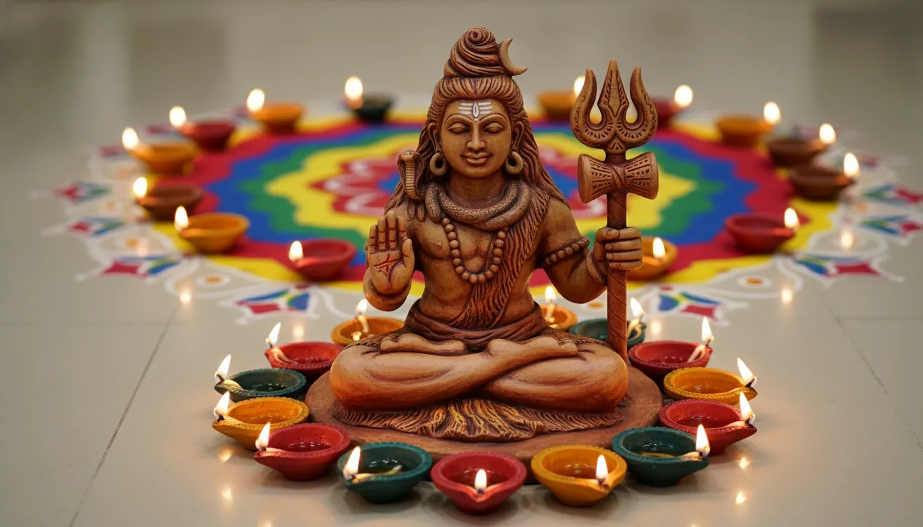 Handcrafted clay terracotta Mahadev murti colored with natural earthy tones during a traditional festival arrangement