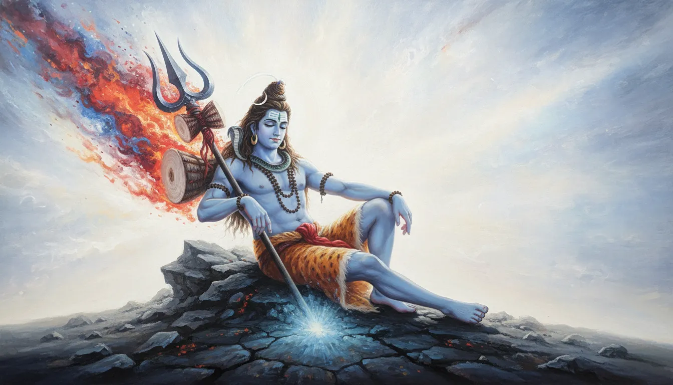 Lord Shiva resting his trident on the ground, surrounded by a peaceful white aura after a battle.