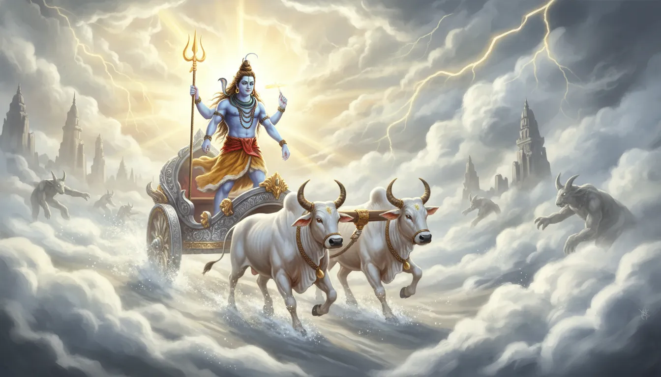 Lord Shiva riding a celestial chariot made of stars into a spiritual battlefield.