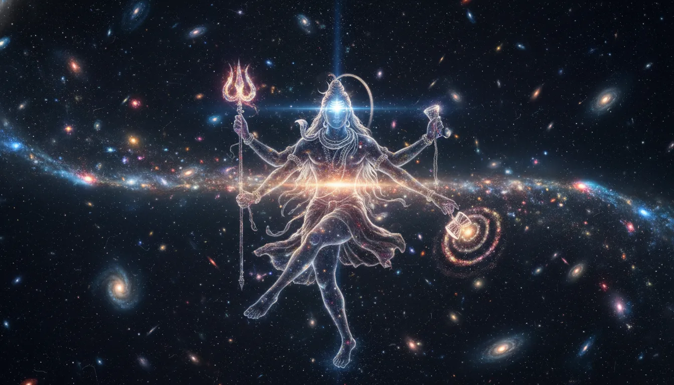 Abstract representation of Lord Shiva merging with the fabric of the universe