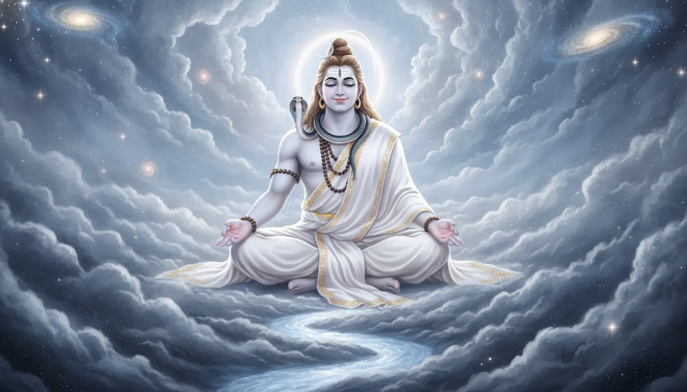 Lord Shiva wearing a pure white dress meditating peacefully surrounded by bright silver nebula clouds.