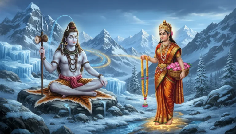 Lord Shiva looking at Goddess Parvati with a serene expression amidst Mount Kailash snow.