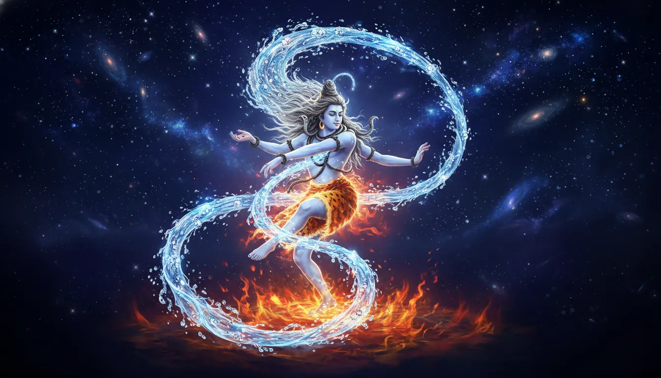 Water splashing dynamically from Lord Shiva’s hair during the cosmic dance