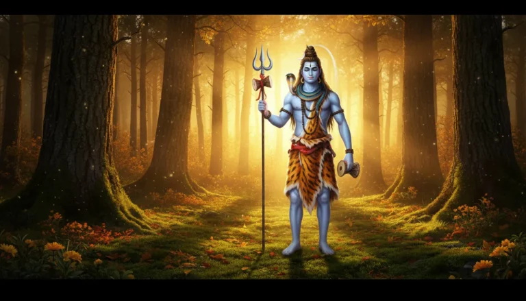 Shiva standing in a forest clearing illuminated by a warm golden sunset with a serpent around his neck