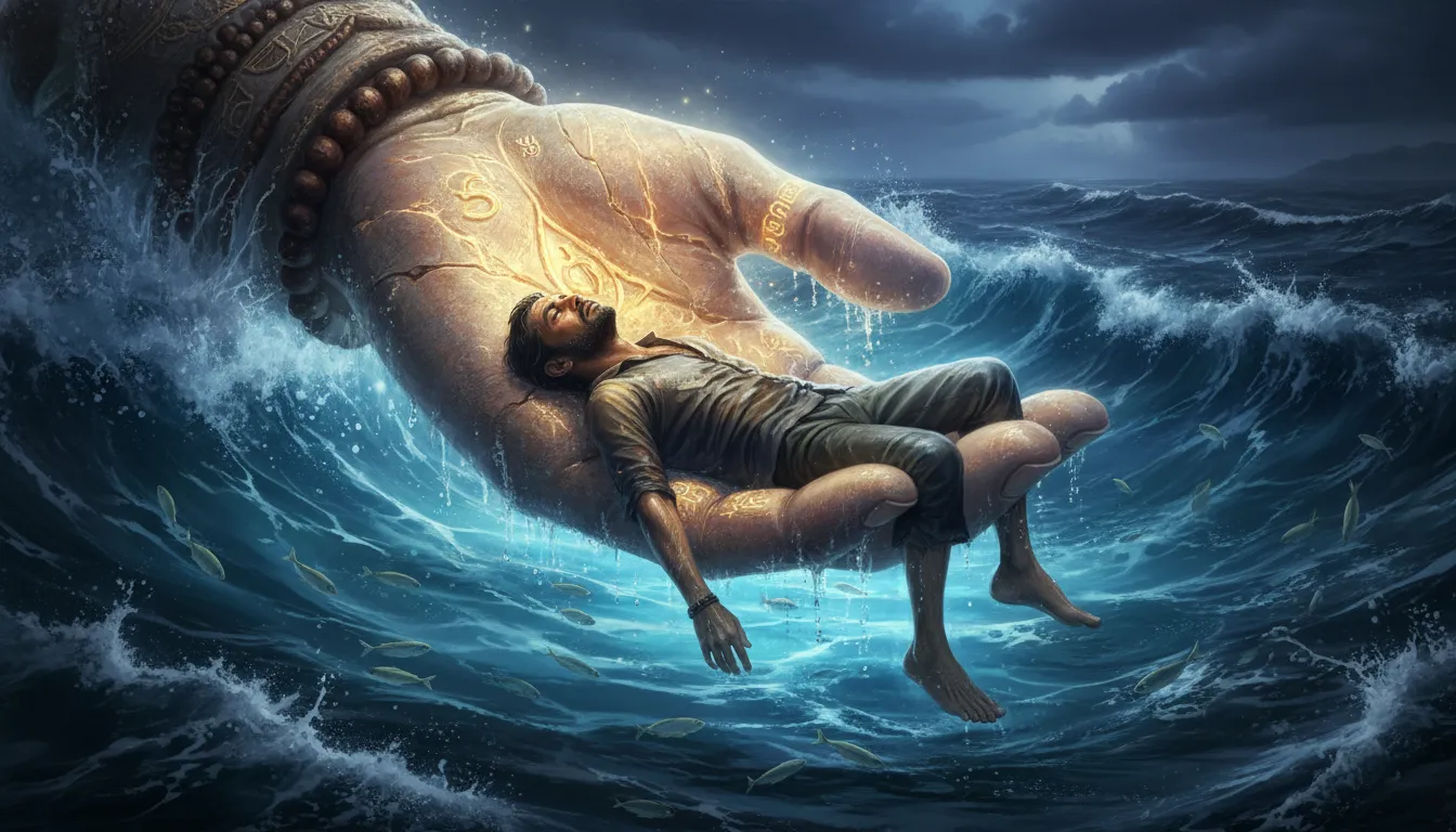 Close up of Lord Shiva's massive glowing hand lifting a sinking human from ocean waters