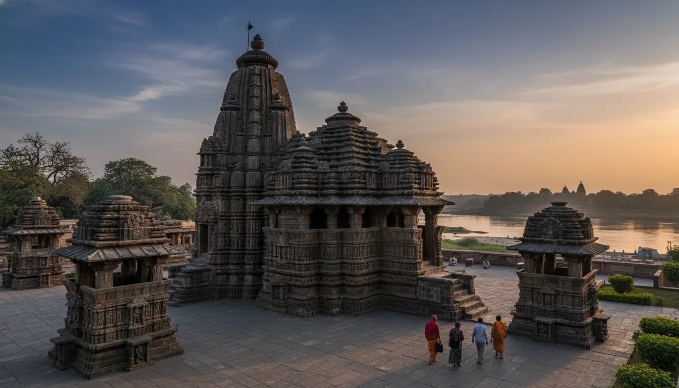 The ancient stone structure and spires of Mamleshwar temple, the complimentary Jyotirlinga site on the mainland.