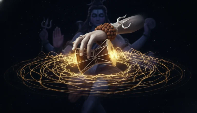 Close-up of Lord Shiva’s hand holding the Damru during his cosmic dance