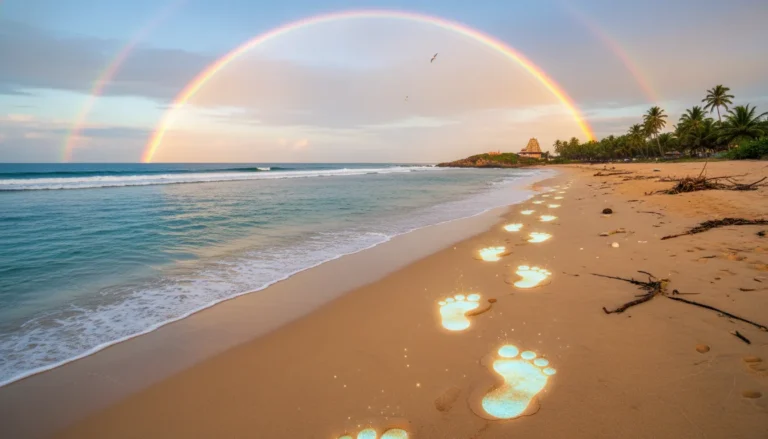 Peaceful sunny beach with Shiva's footprints on the sand next to a calm blue ocean after a storm