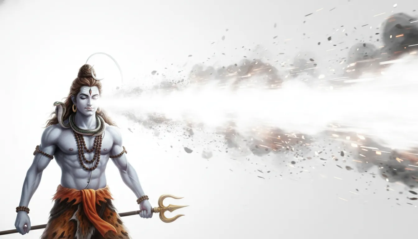 An abstract digital illustration of Lord Shiva opening his third eye to emit a brilliant beam of light.