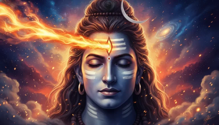 A close-up portrait of Lord Shiva with his third eye open, emitting intense orange and gold flames.