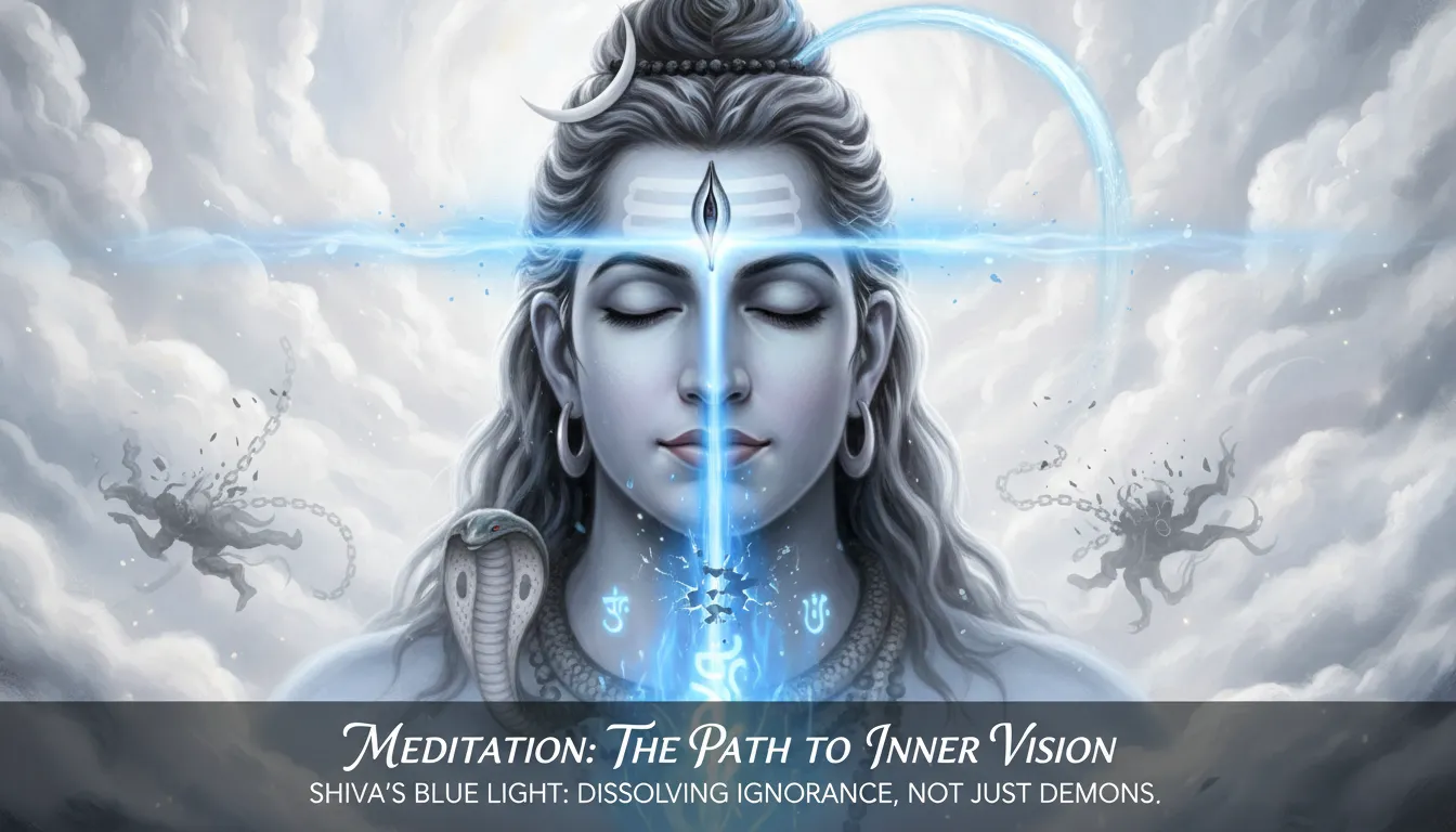 Third eye of Shiva opening a blue beam of light on white statue