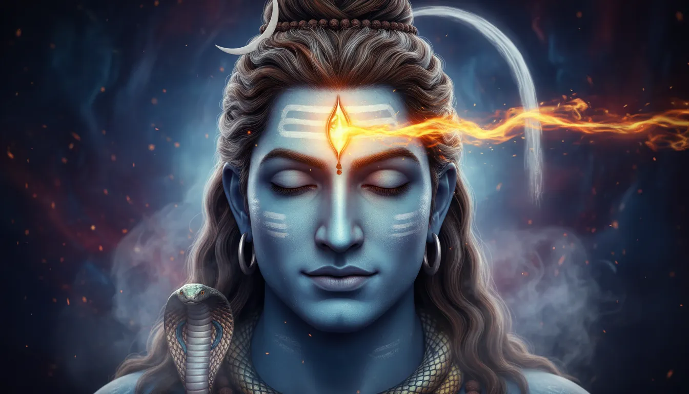 Close-up of Lord Shiva with a glowing third eye and divine aura.