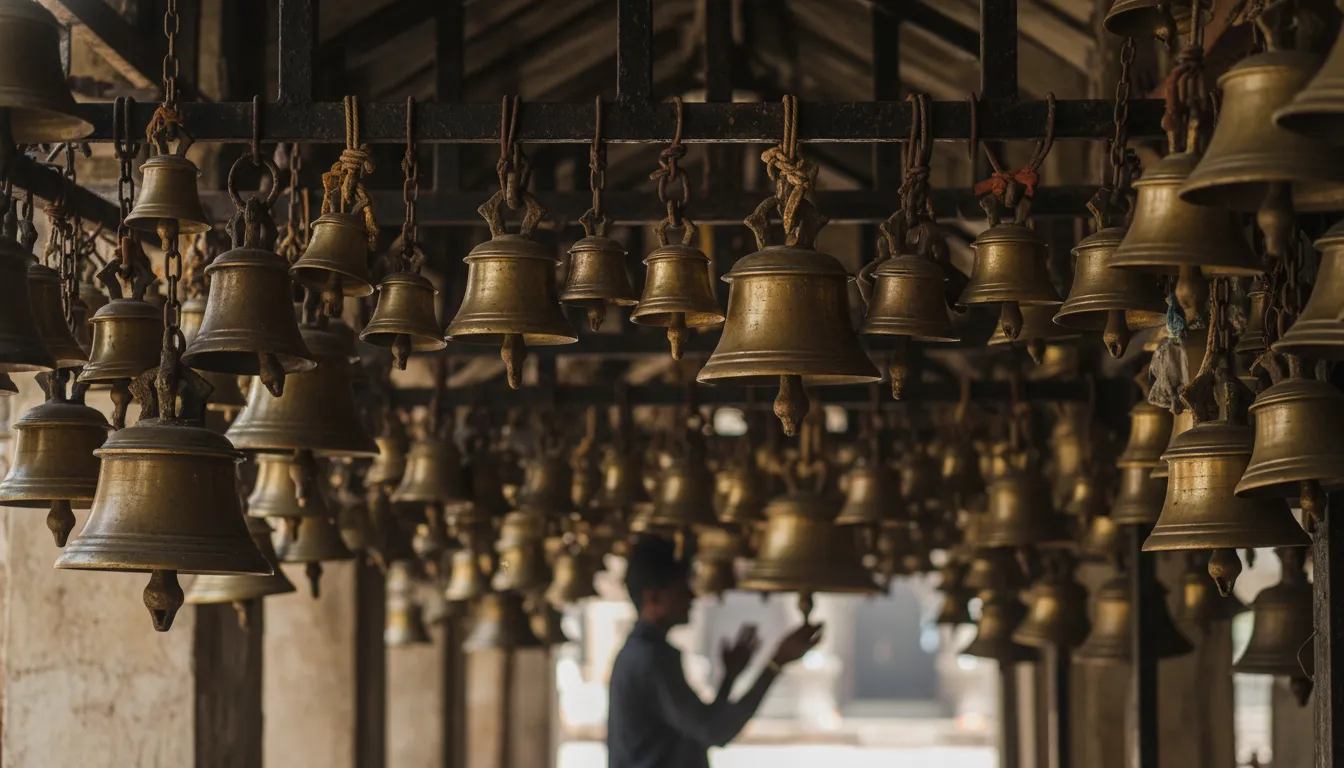 Thousands of brass bells offered by devotees hanging at the entrance of Tarkeshwar Mahadev temple.
