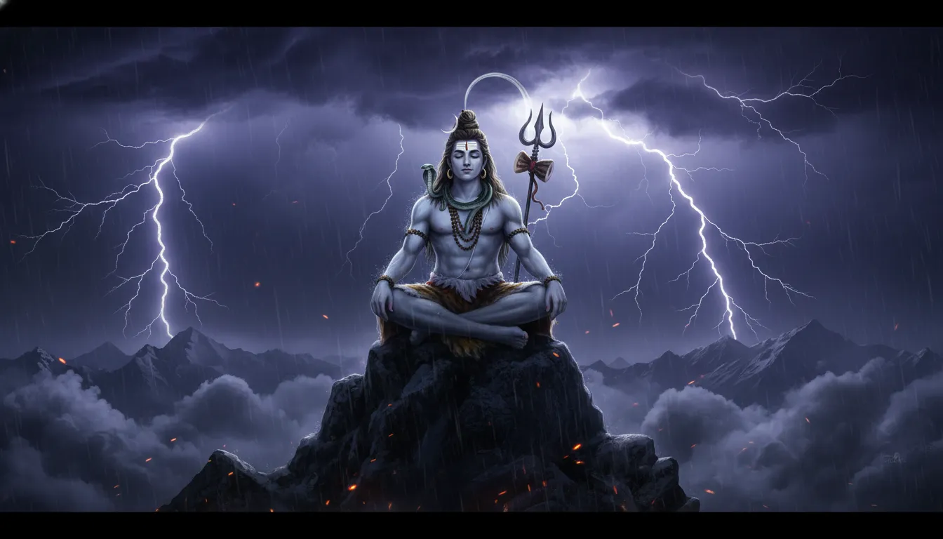 Lord Shiva meditating peacefully on a mountain top during a dramatic lightning storm.