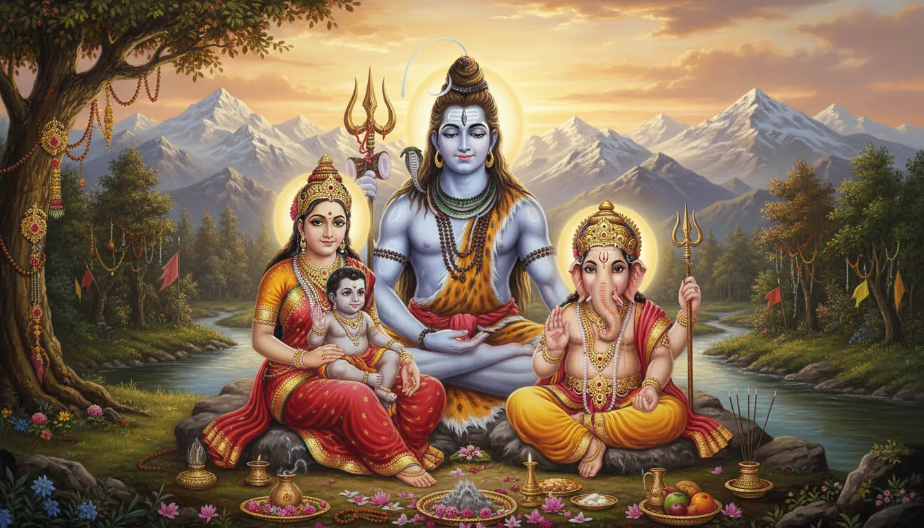 Lord Shiva with Parvati Ganesha and Kartikeya in HD spiritual family artwork.
