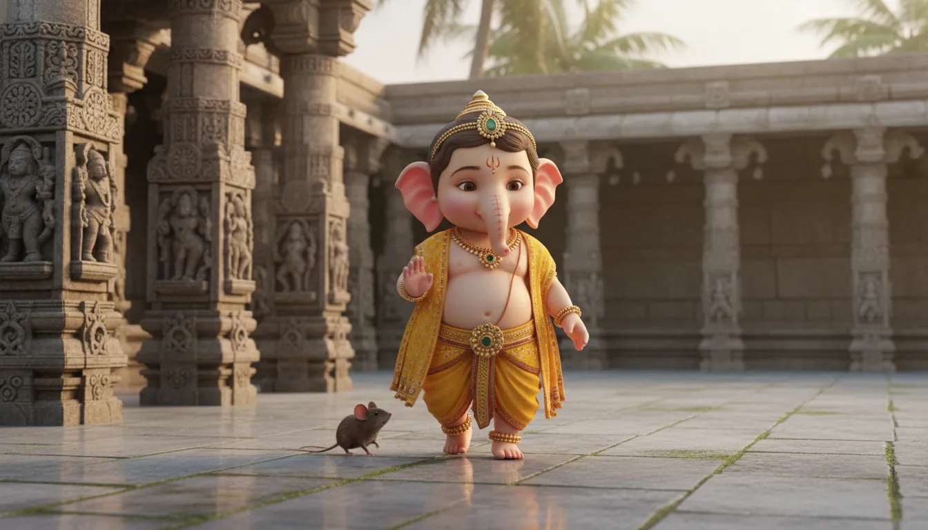 Toddler Ganesha walking next to a small mouse in a grand traditional temple courtyard.