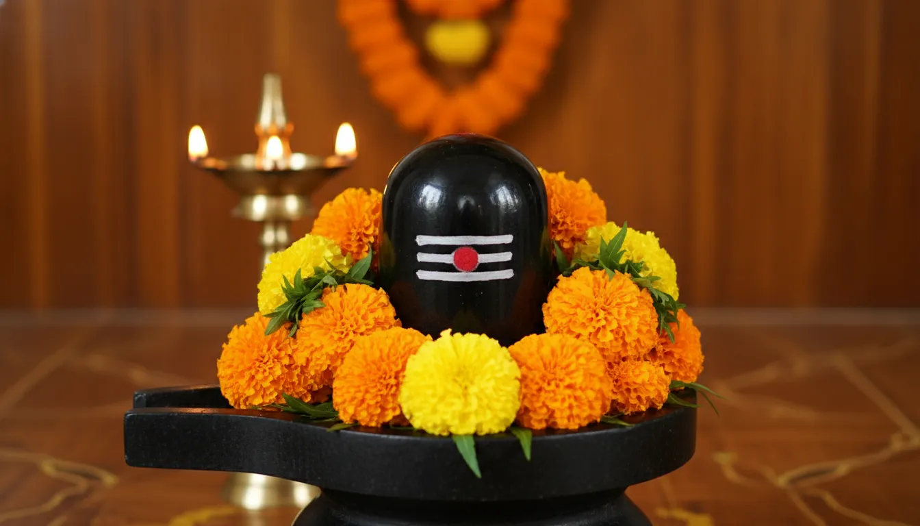 Black stone Shiva Lingam decorated with fresh yellow marigold garlands and a silver tripundra mark.