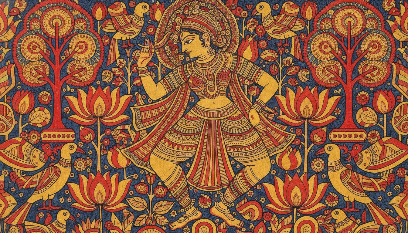 Colorful folk art illustration of a dancing deity with floral patterns