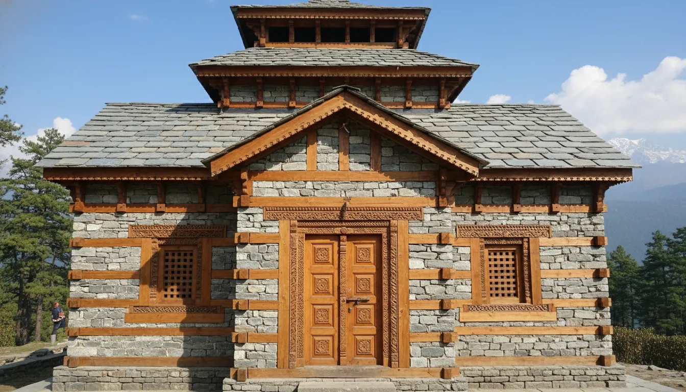 Traditional wooden and stone Kath-Kuni architecture of Bijli Mahadev Temple Kullu.
