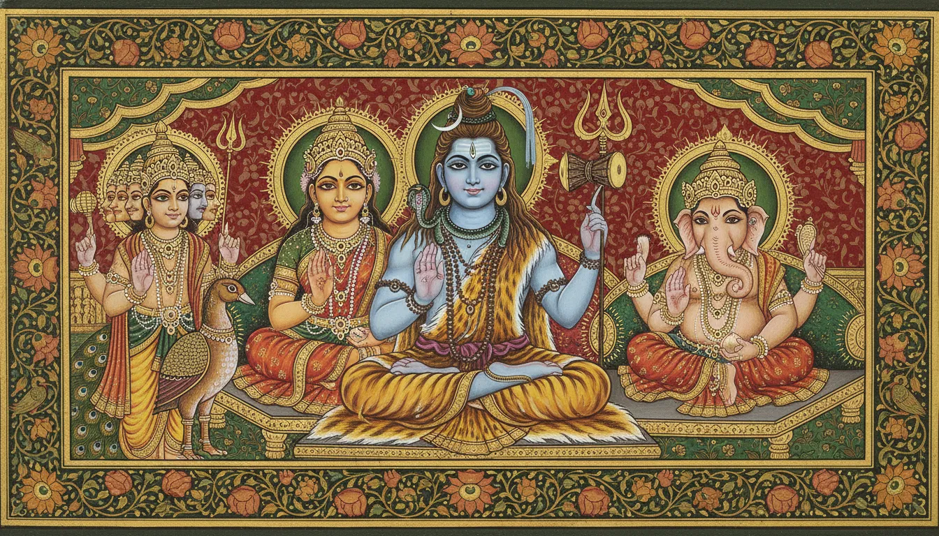 A traditional Indian miniature painting style artwork of the Shiva family.