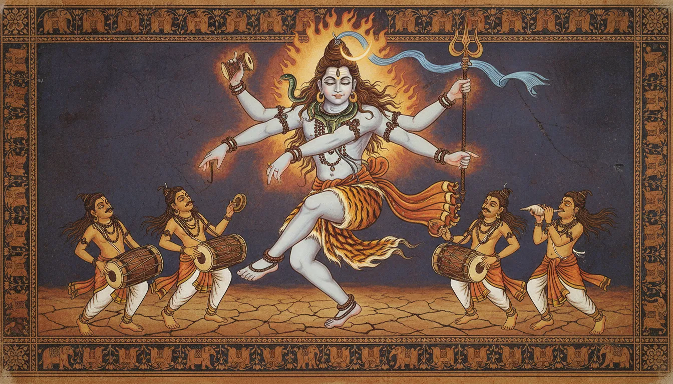 Classic Indian style painting of Lord Shiva doing the fierce Rudra Tandava dance