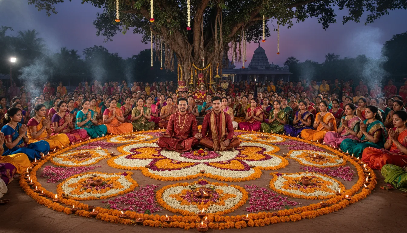 People sitting in a circle around a couple during a traditional sacred ceremony gathering scene with oil lamps.