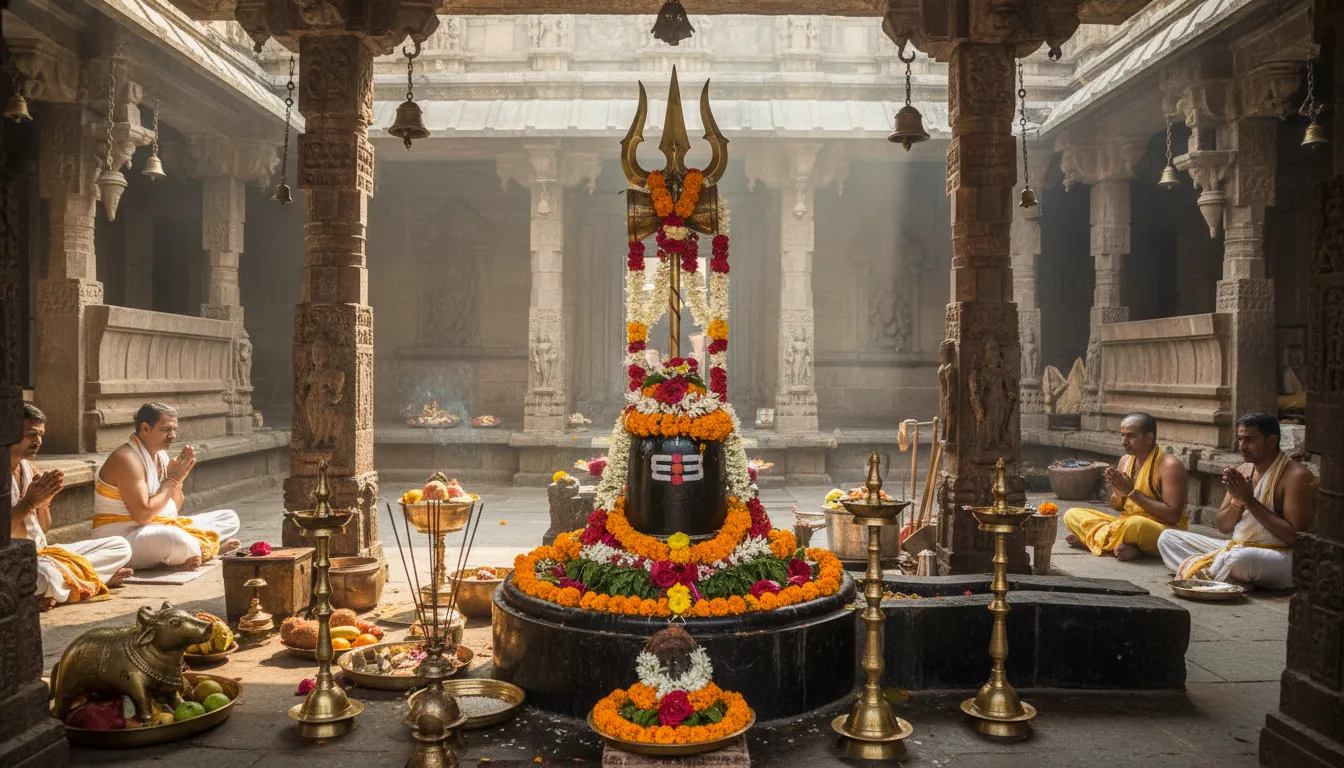 : Shiva lingam decorated with flowers and trident placed behind it in temple