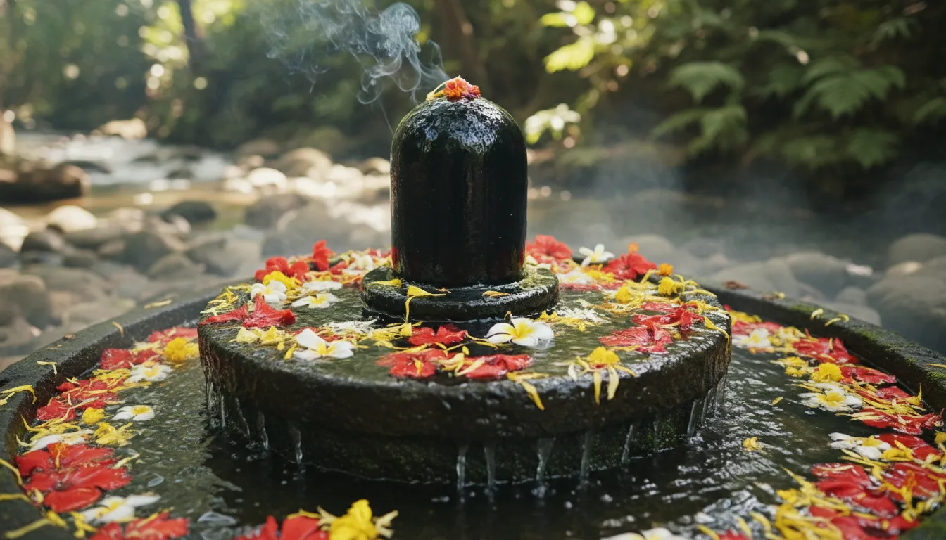 Stone lingam surrounded by water and scattered flower offerings