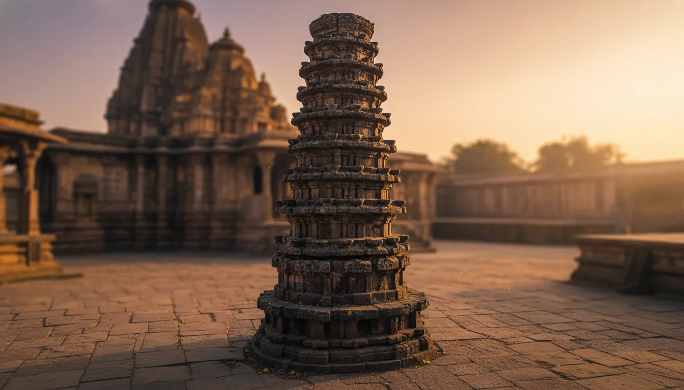 Ancient stone Deepstambh lamp tower inside Shikhar Shingnapur Mahadev Temple premises