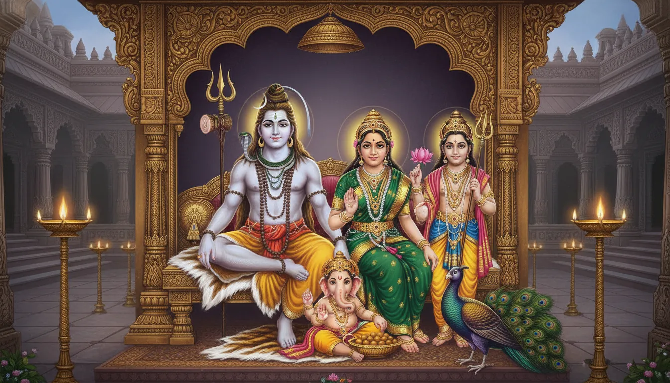 A traditional Indian style painting of the complete Mahadev full family photo with rich borders and vibrant rich cultural colors.