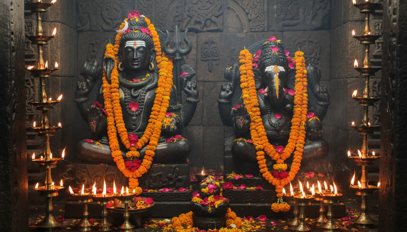Mahadev and Ganpati photo inside a traditional stone temple sanctum.