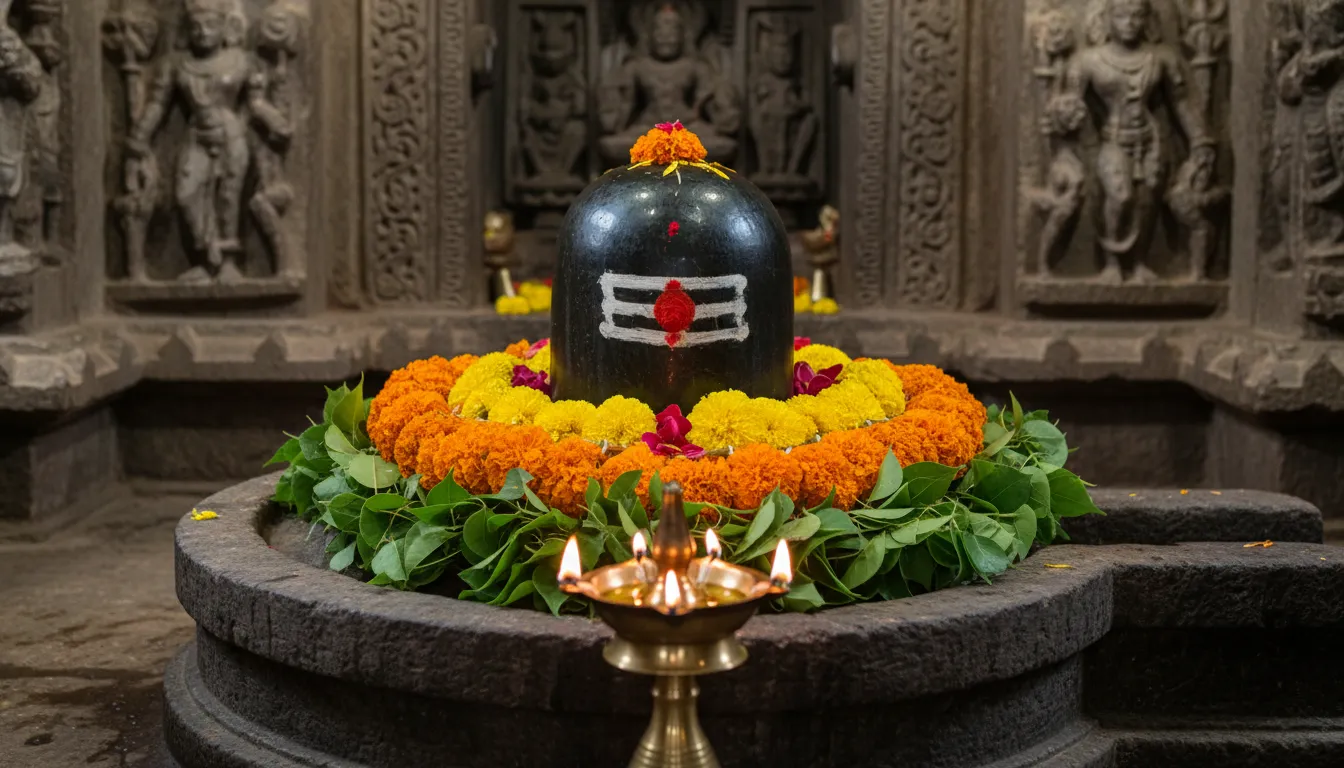 Har Har Mahadev Shivling photo decorated with flowers and diya inside an ancient temple.