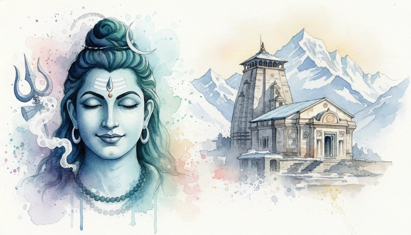 Beautiful watercolor painting of Lord Shiva with the historic Kedarnath temple background.