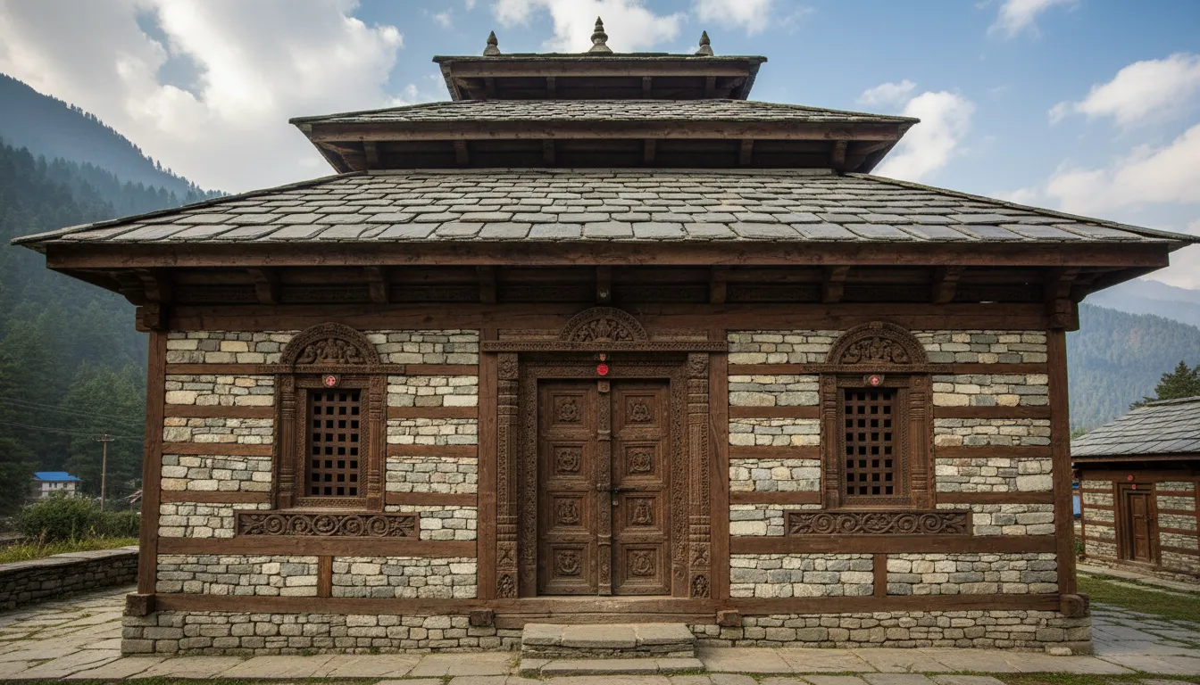 Intricate wooden carvings and Kathkuni architecture style of Bijli Mahadev Temple.