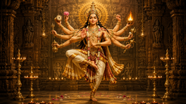 Vibrant traditional artwork showing a multi-armed deity in a dynamic spiritual dance pose