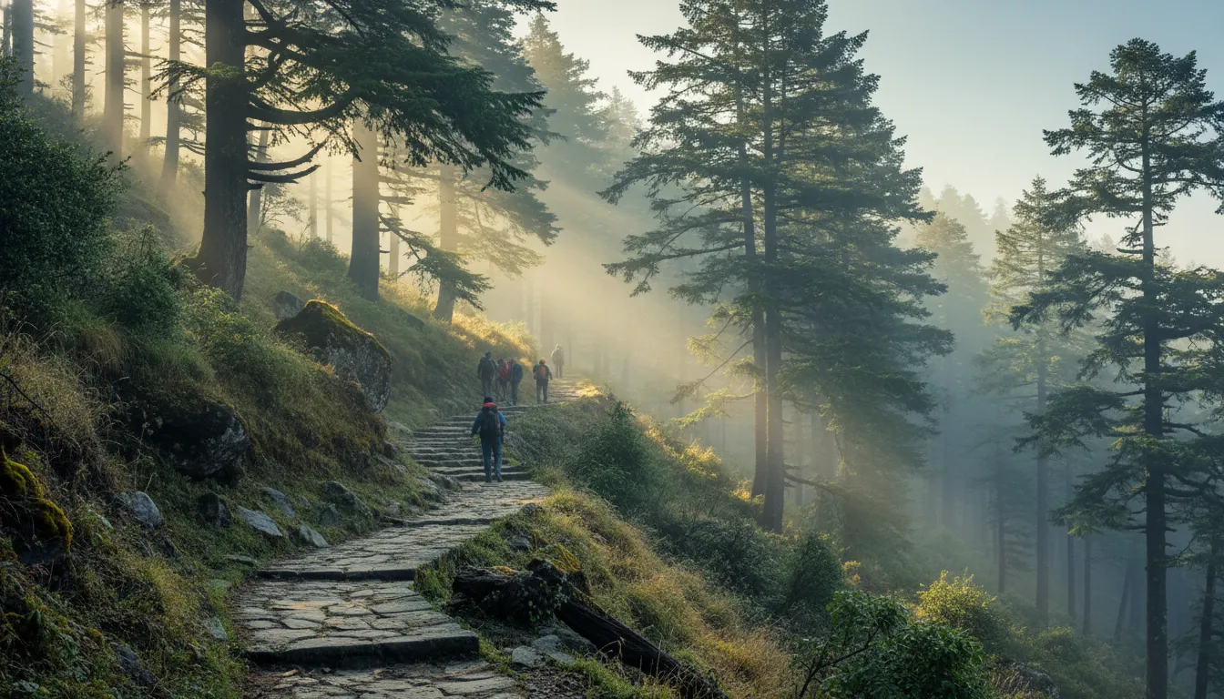 Lush green trekking trail through pine forests leading to Bijli Mahadev Temple.