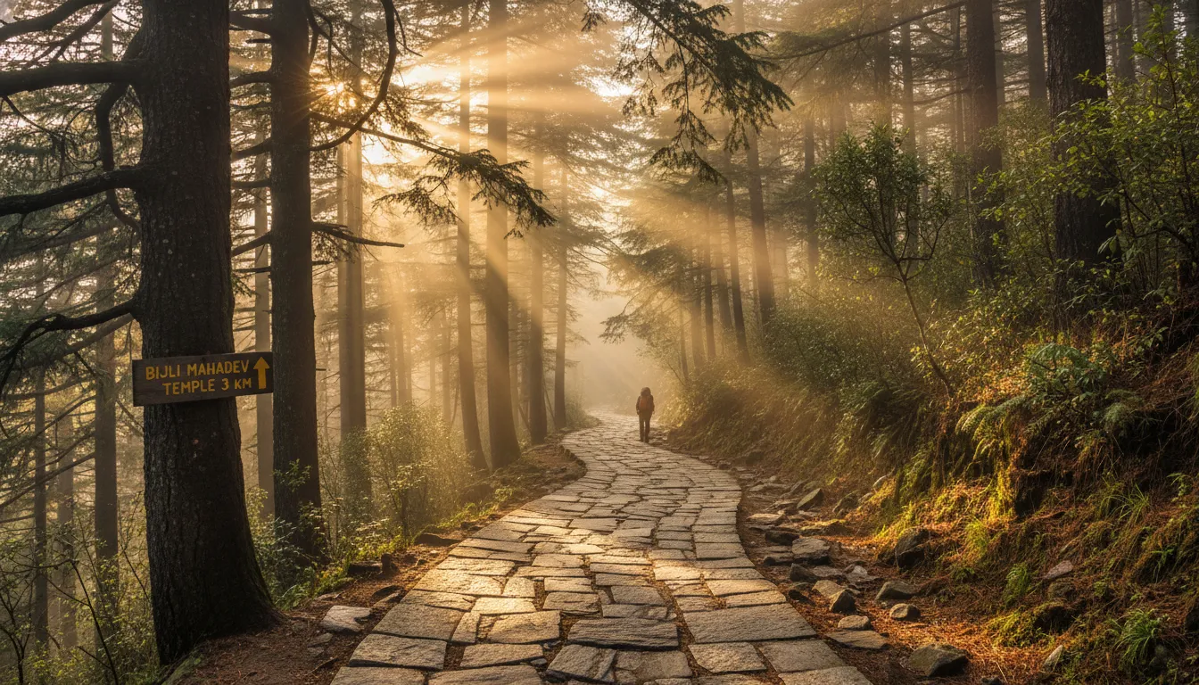 Stone paved trekking path surrounded by tall pine trees leading to Bijli Mahadev.