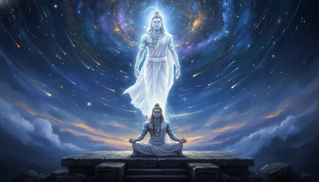 Spiritual form of Lord Shiva wearing a white dress rising into a bright starry sky during meditation.