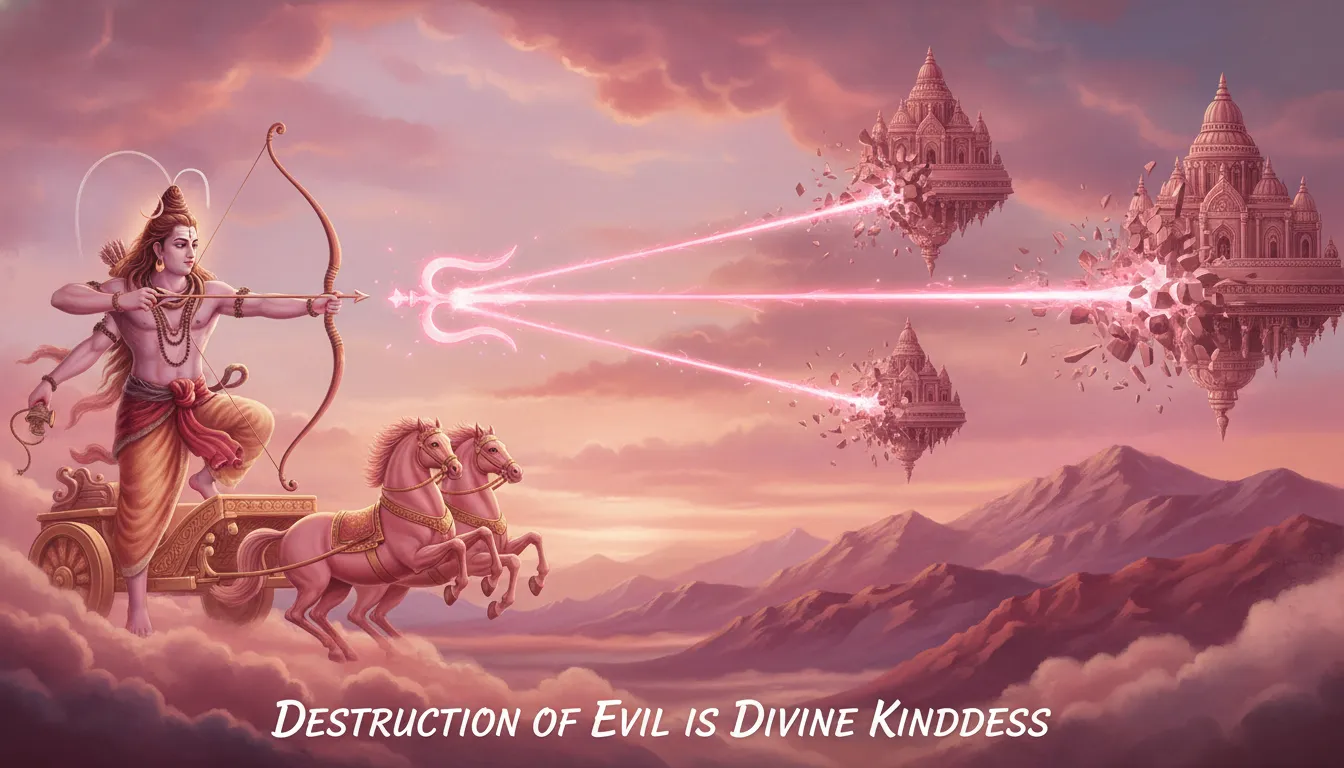 Pink Lord Shiva on chariot, throwing trident towards three floating pink cities, all in pink tones