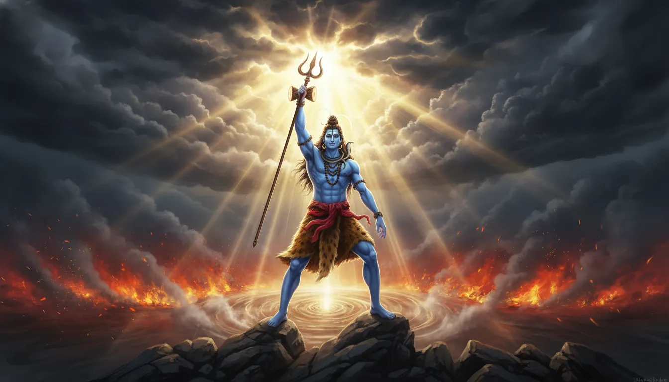 Lord Shiva raising his glowing tristan to pierce through dark storm clouds and fire