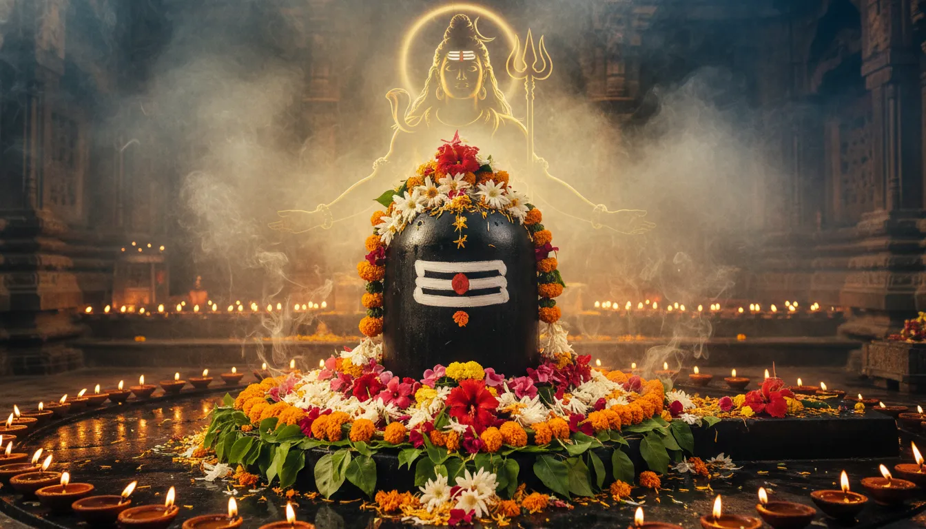 A spiritual representation of the sacred Mahakaleshwar Jyotirlinga from Ujjain during Bhasma Arti.