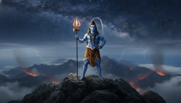 Lord Shiva standing victorious on a mountain peak surrounded by fading storm clouds and fire